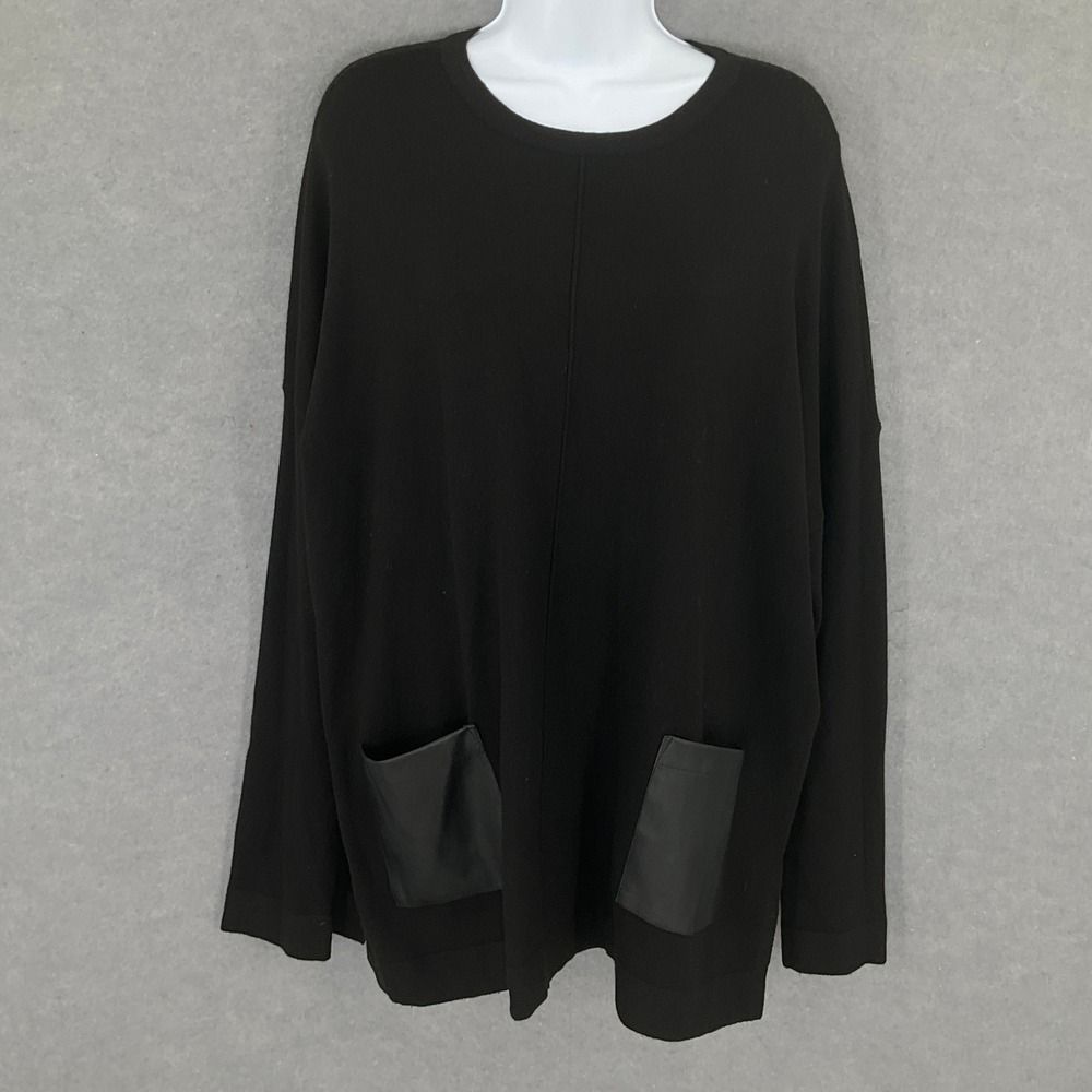 Tahari Black Knit Sweater‎ Wool Blend Faux Leather Pockets Long Sleeve Sz L